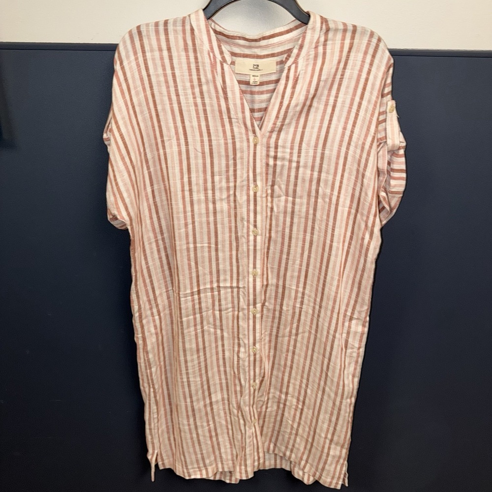 Thread&Supply Striped Shirt Dress M V-Neck Short Sleeve Linen Blend Knee Length